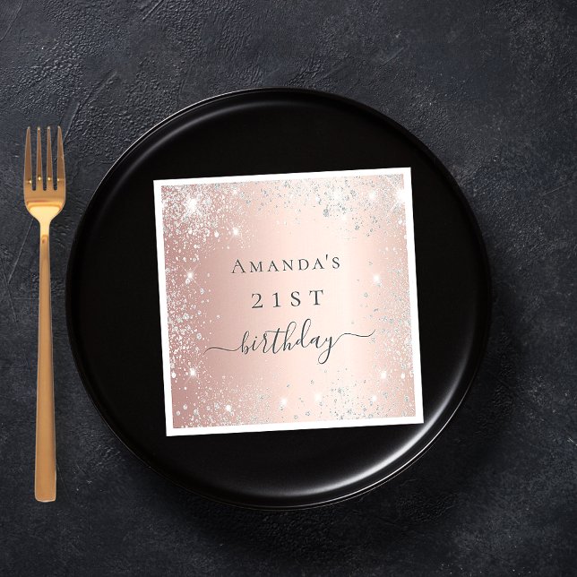 Birthday rose gold blush silver glitter name napkins (Creator Uploaded)