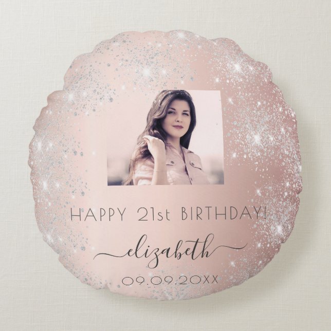 Birthday rose gold blush silver glitter name photo round pillow (Front)