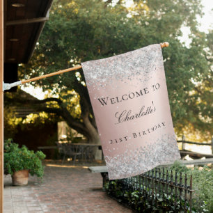 Birthday rose gold blush silver glitter welcome  house flag