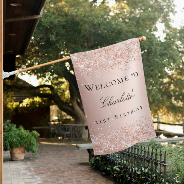 Birthday rose gold blush welcome party house flag (In SItu)