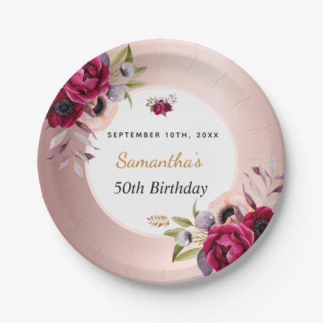 Birthday rose gold burgundy floral elegant paper plates (Front)