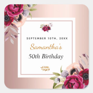 Birthday rose gold burgundy floral elegant square  sticker