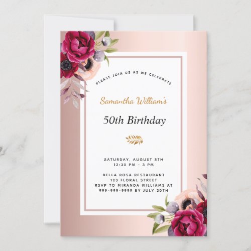 Birthday rose gold burgundy floral  invitation