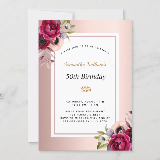 Birthday rose gold burgundy floral invitation | Zazzle