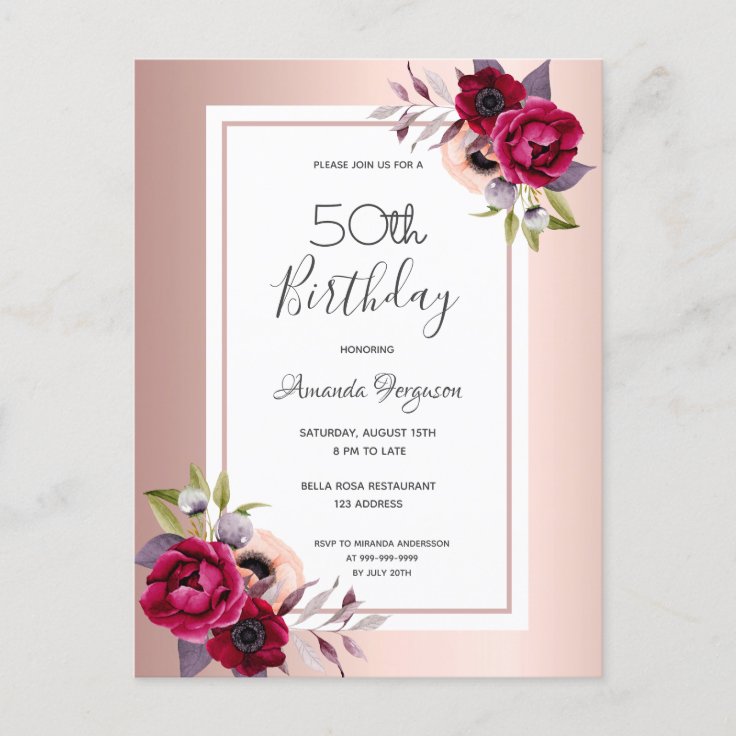 Birthday rose gold burgundy floral invitation postcard | Zazzle