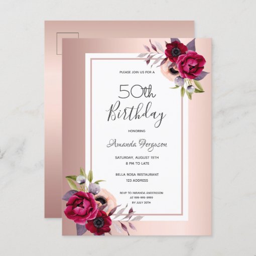 Birthday rose gold burgundy floral invitation postcard | Zazzle