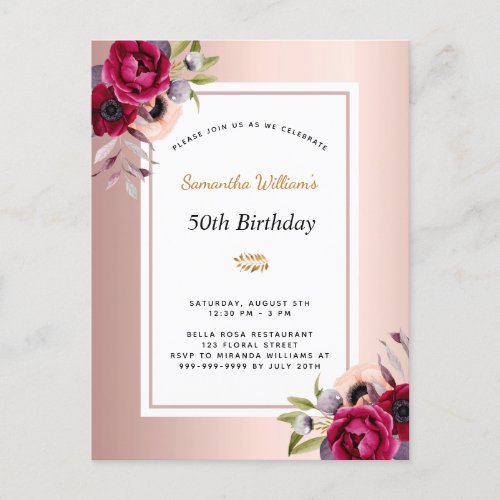 Birthday rose gold burgundy floral invitation postcard