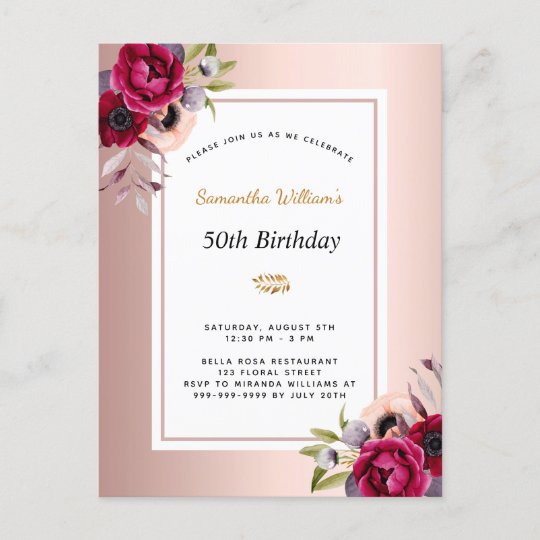 Birthday rose gold burgundy floral invitation postcard | Zazzle.com