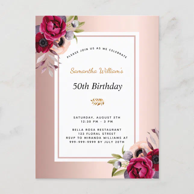 Birthday rose gold burgundy floral invitation postcard | Zazzle