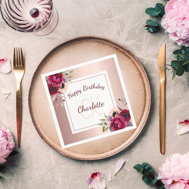 Birthday rose gold burgundy floral monogram napkin (Creator Uploaded)