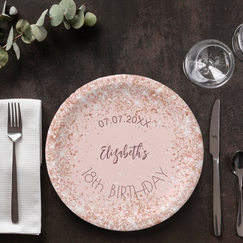 Birthday rose gold confetti girl name paper plates