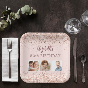 Birthday rose gold confetti photo paper plates
