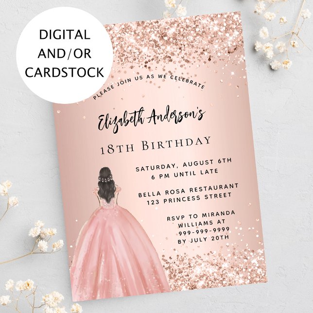 Birthday rose gold confetti princess dress invitation (Creator Uploaded)