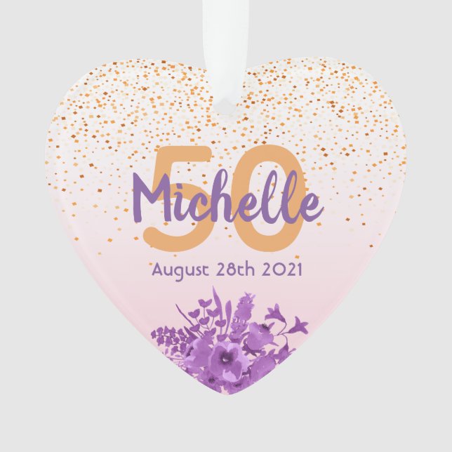 Birthday rose gold confetti purple flowers ornament (Front)