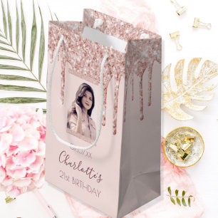 Birthday rose gold custom photo pink medium gift bag