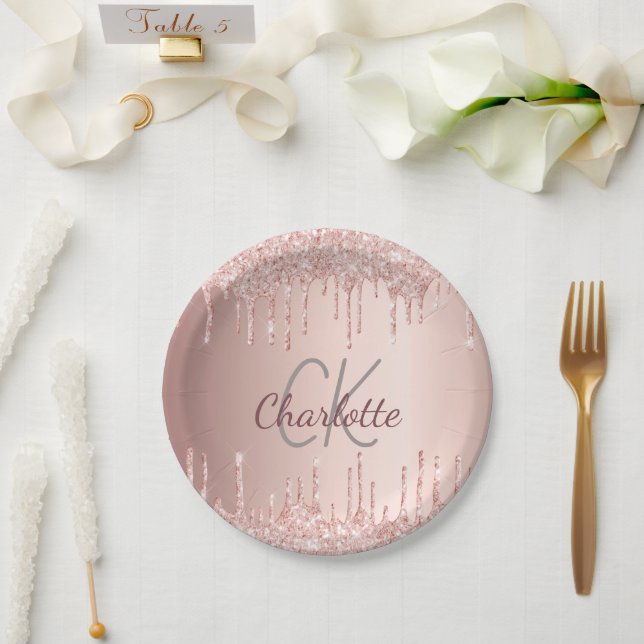 Birthday rose gold drips monogram luxury paper plates (Wedding)