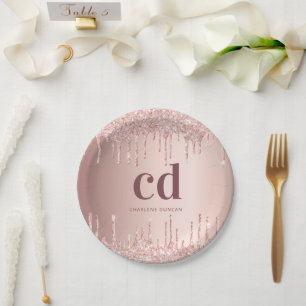 Birthday rose gold drips monogram paper plates