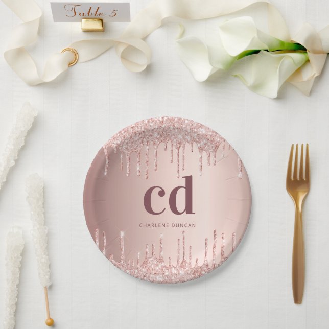 Birthday rose gold drips monogram paper plates (Wedding)