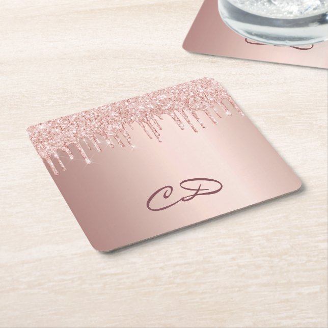 Birthday rose gold drips pink monogram initials square paper coaster (Angled)