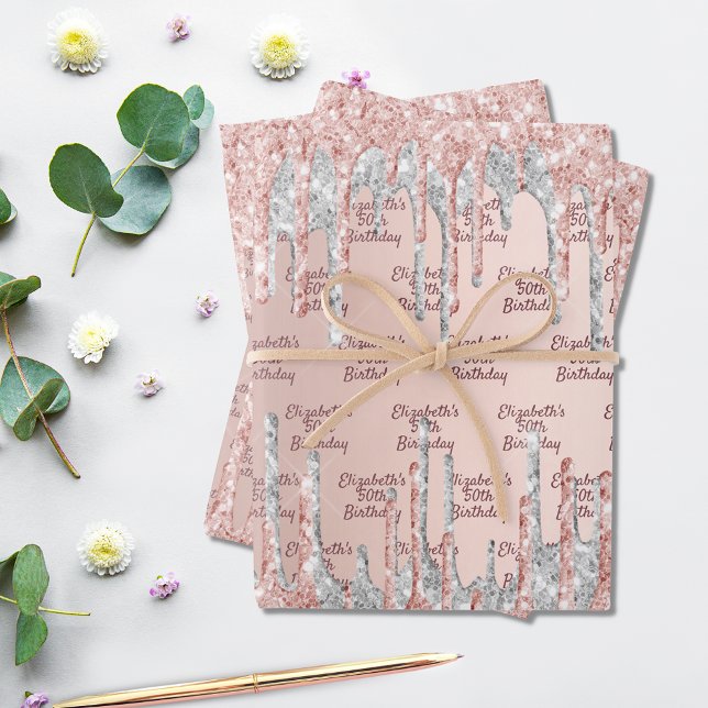 Birthday rose gold drips pink silver name wrapping paper sheets (Creator Uploaded)