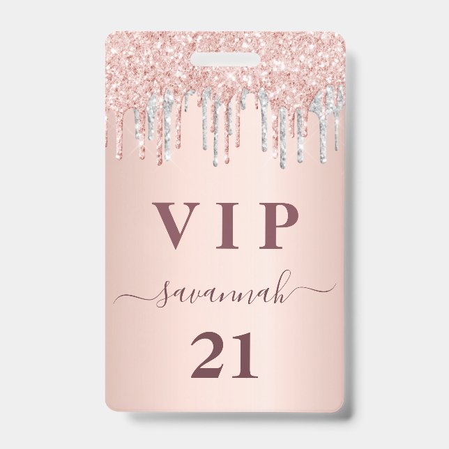 Birthday rose gold drips pink silver vip badge (Front)