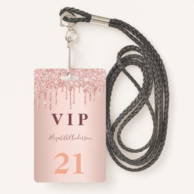 Birthday rose gold drips pink vip badge (Front with Lanyard)