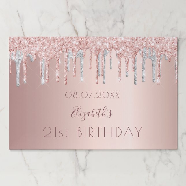 Birthday rose gold drips silver paper placemat (Front)