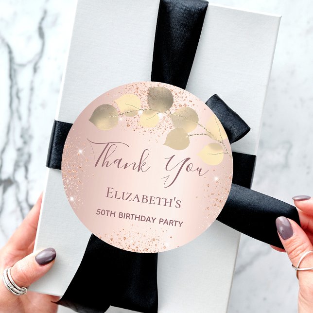 Birthday rose gold eucalyptus glitter thank you classic round sticker (Creator Uploaded)