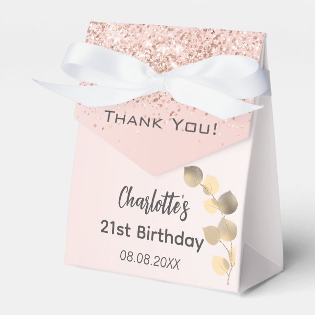 Birthday rose gold eucalyptus glitter thank you favor boxes (Front Side)
