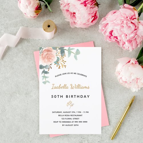 Birthday rose gold eucalyptus greenery floral invitation