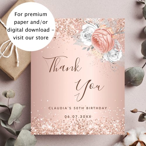 Birthday rose gold floral budget thank you note flyer