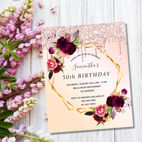 Birthday rose gold floral burgundy invitation