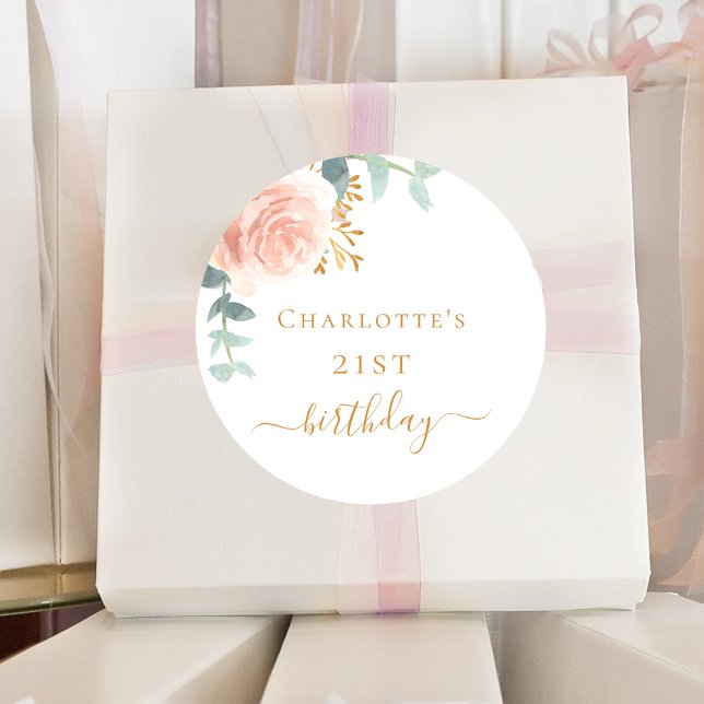 Birthday rose gold floral eucalyptus greenery classic round sticker (Creator Uploaded)