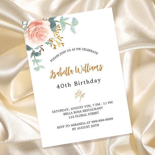 Birthday rose gold floral eucalyptus greenery invitation