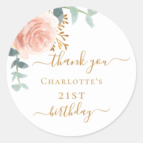 Birthday rose gold floral eucalyptus thank you classic round sticker