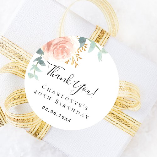 Birthday rose gold floral eucalyptus thank you  classic round sticker