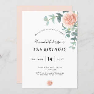 Birthday rose gold floral geenery white elegant invitation