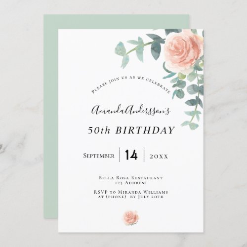 Birthday rose gold floral geenery white elegant invitation