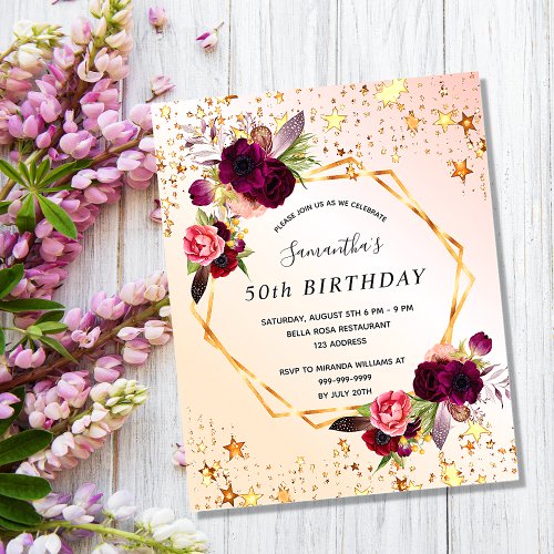 Birthday rose gold florals budget invitation flyer