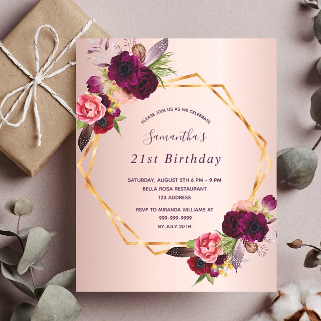 Birthday rose gold florals burgundy geo invitation (Creator Uploaded)
