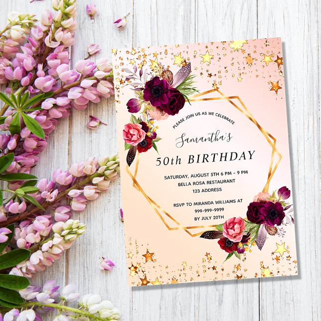 Birthday rose gold florals burgundy invitation postcard (Creator Uploaded)