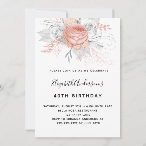 Birthday rose gold florals elegant white invitation