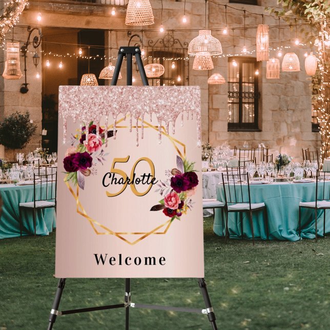 Birthday rose gold florals glitter geo welcome foam board (Creator Uploaded)