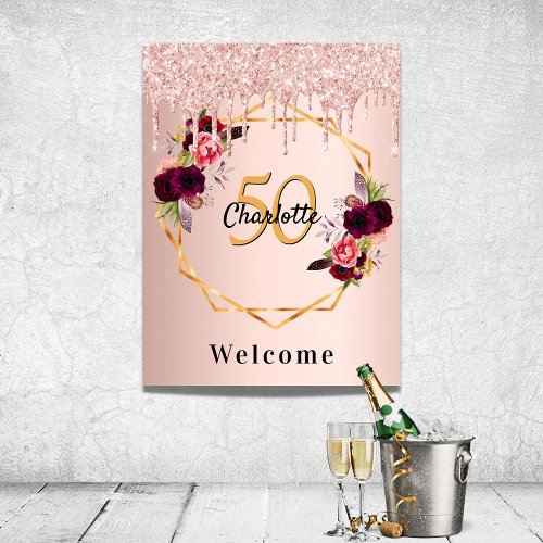 Birthday rose gold florals glitter geo welcome poster