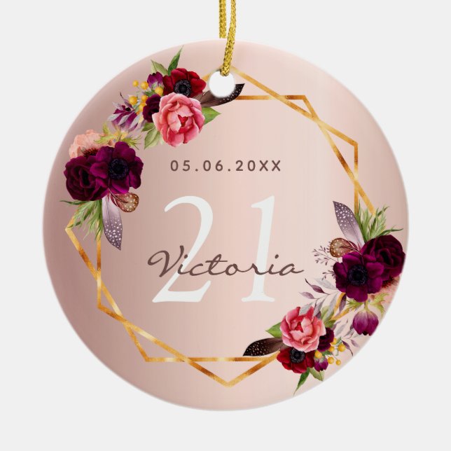 Birthday rose gold geometric burgundy florals chic ceramic ornament (Front)
