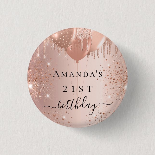 Birthday rose gold glitter balloons glam button (Front)
