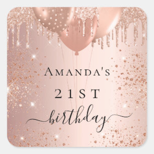 Birthday rose gold glitter balloons glam square sticker