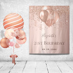 Birthday rose gold glitter balloons monogram tapestry<br><div class="desc">For an elegant 21st (or any age) birthday party. A rose gold gradient background. Decorated with rose gold, pink faux glitter drips, paint dripping look, glitter drops and balloons. Personalize and add a name, age 21 and a date. Can be used as a welcome banner, wall decor for the party...</div>