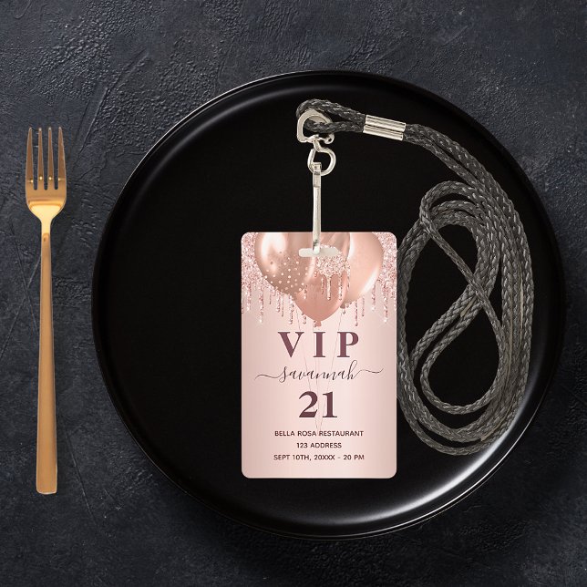 Birthday rose gold glitter balloons vip invitation badge (Creator Uploaded)