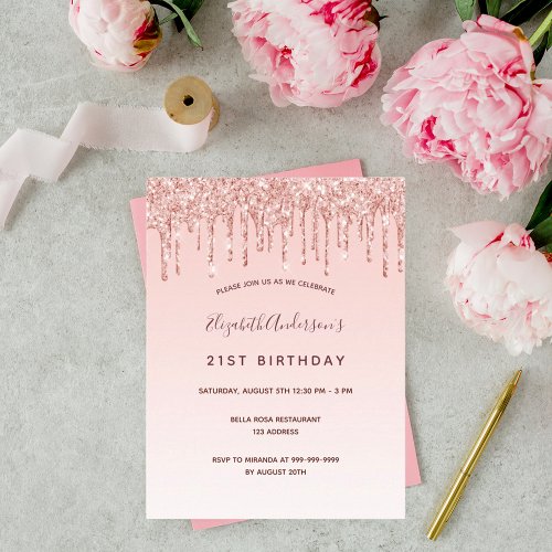 Birthday rose gold glitter blush pink invitation postcard
